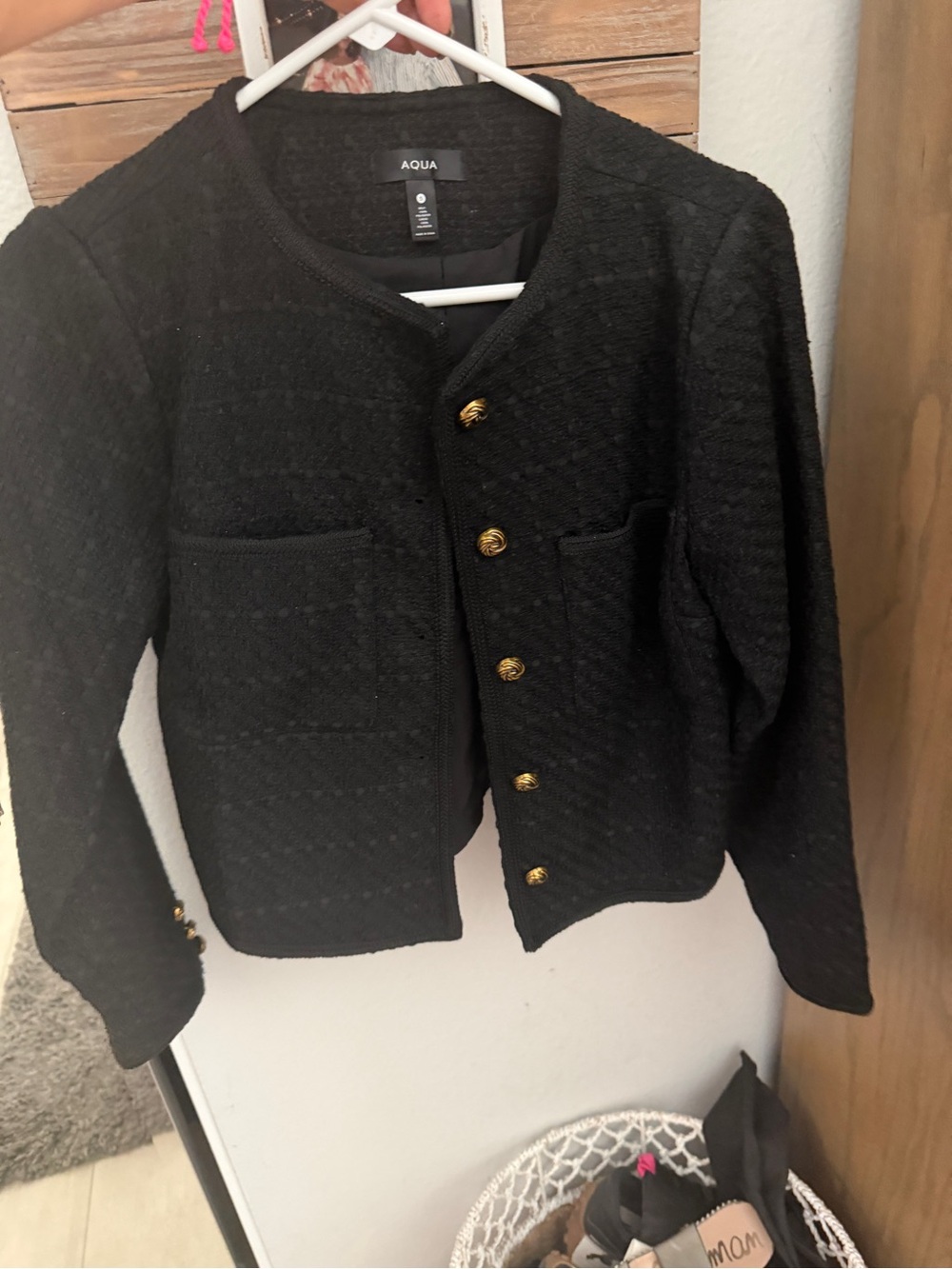 Aqua Black Quilted Collarless Blazer with Gold Buttons
